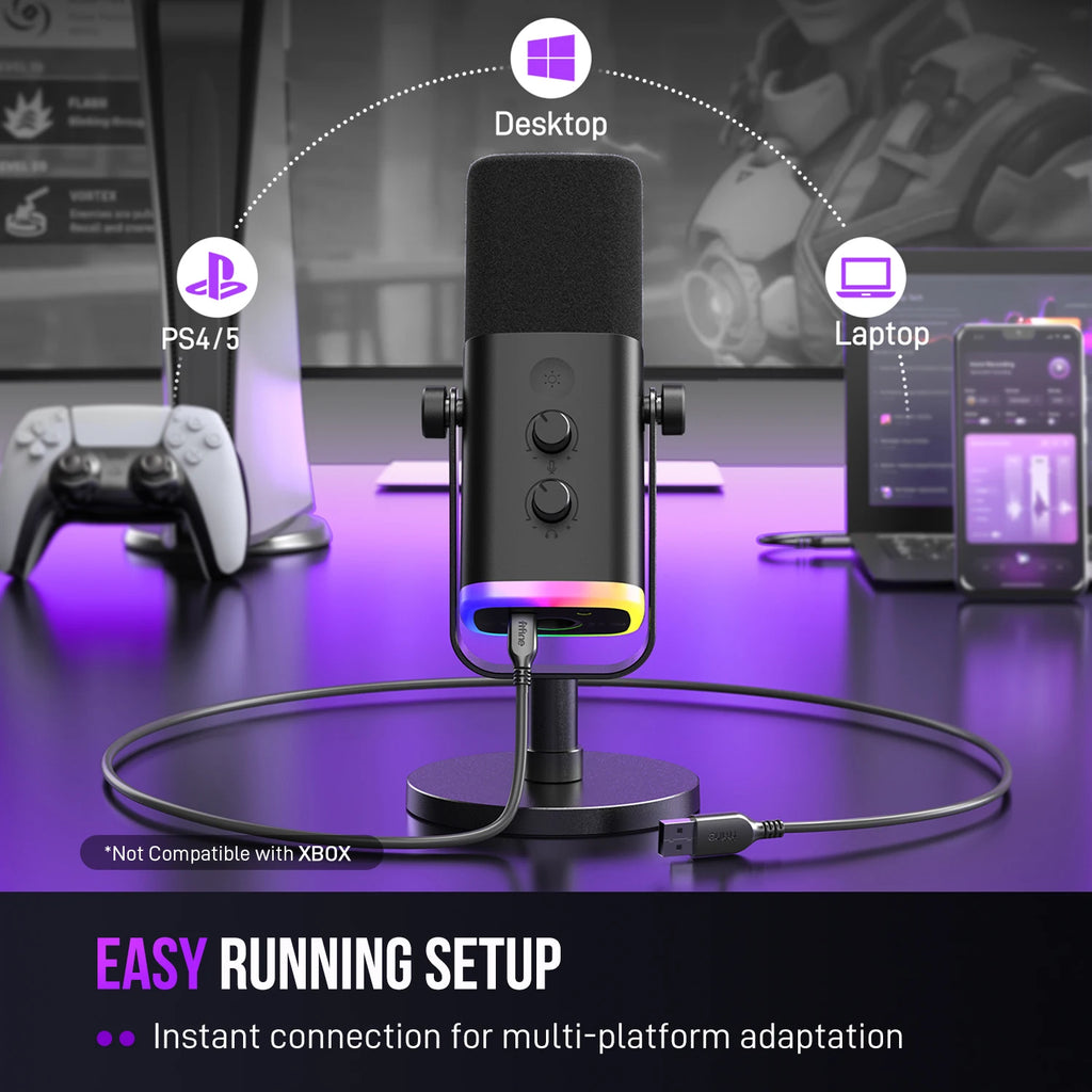 Microfone dinâmico FIFINE USB/XLR com controle RGB (AmpliGame-AM8).