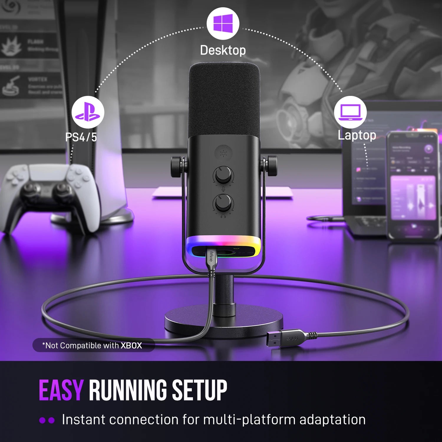 Microfone dinâmico FIFINE USB/XLR com controle RGB (AmpliGame-AM8).