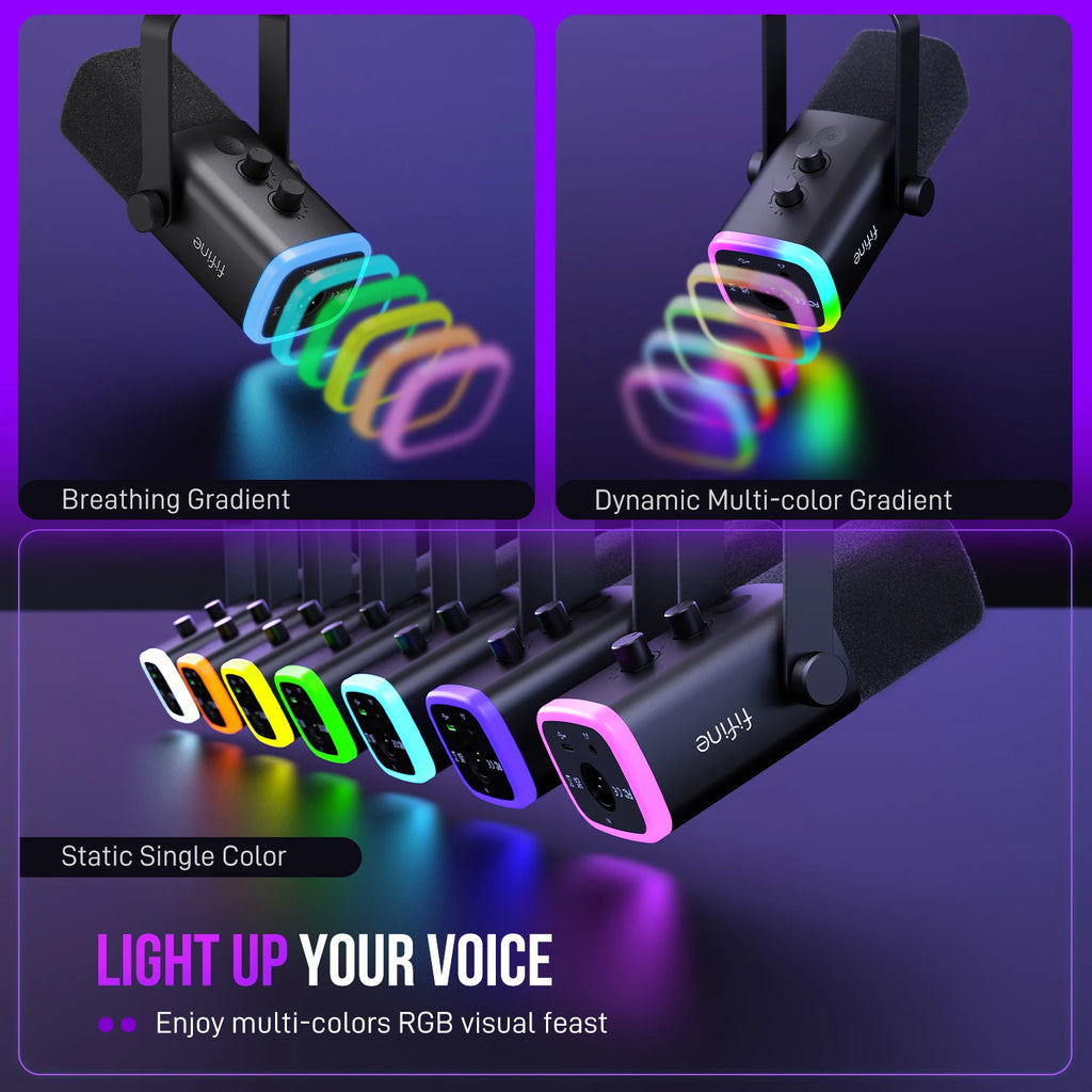 Microfone dinâmico FIFINE USB/XLR com controle RGB (AmpliGame-AM8).