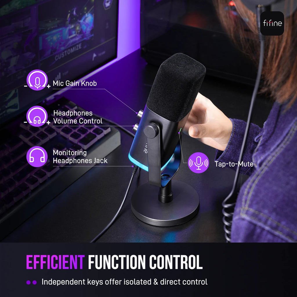 Microfone dinâmico FIFINE USB/XLR com controle RGB (AmpliGame-AM8).