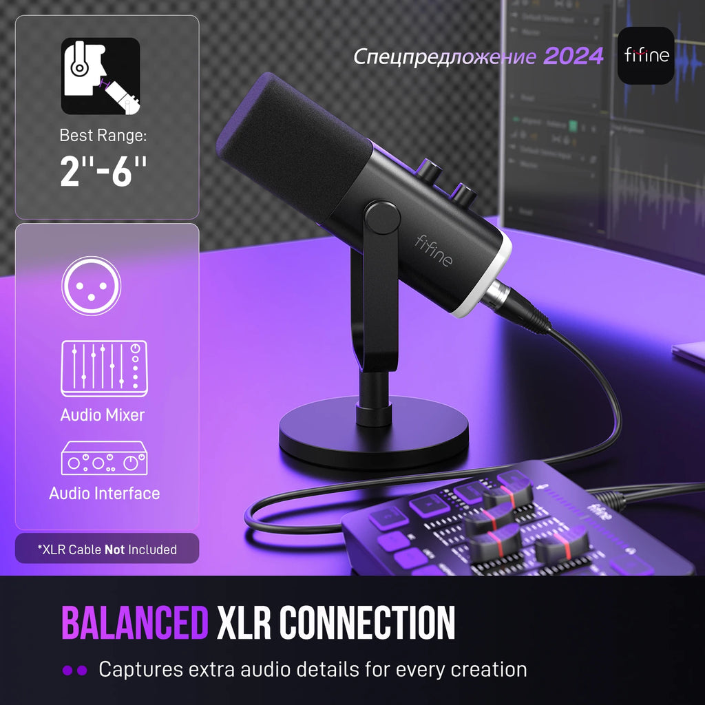 Microfone dinâmico FIFINE USB/XLR com controle RGB (AmpliGame-AM8).