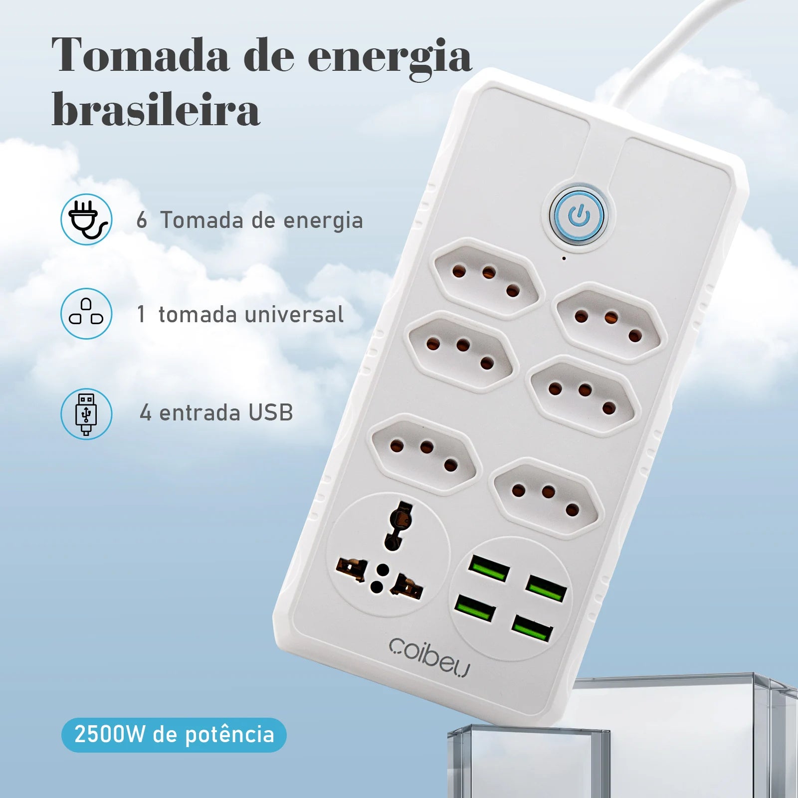 Extensão elétrica com varias entradas de energia tomada 110-220