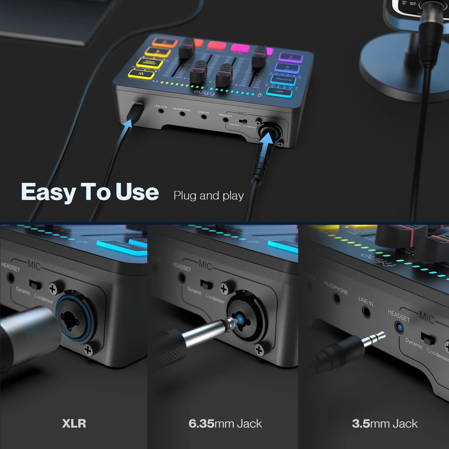 Mixer para jogos USB FIFINE com interface de microfone XLR