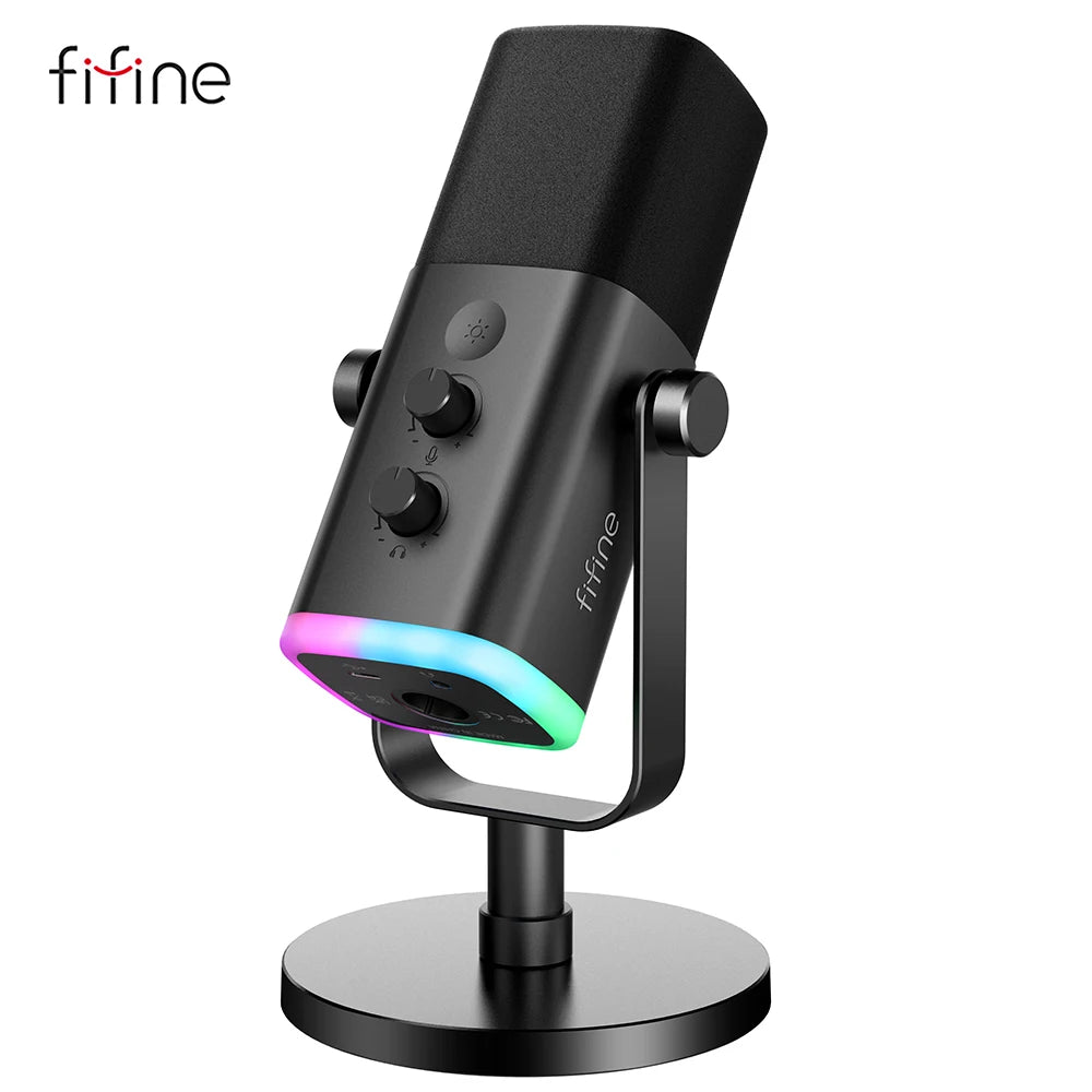 Microfone dinâmico FIFINE USB/XLR com controle RGB (AmpliGame-AM8).